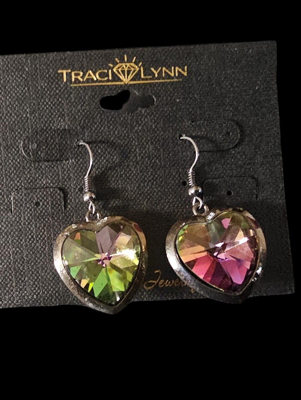 Traci Lynn Green and Pink Heart Crystal Drop Earrings